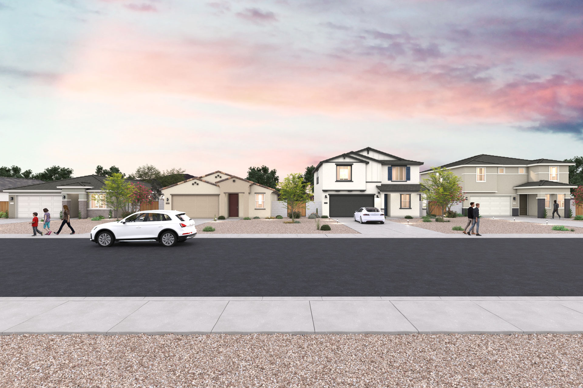 A group of people walking around a neighborhood.