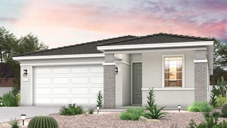 Twilight rendering of a new home for sale in Buckeye, AZ with 2 car garage at Montana Vista by Century Communities.