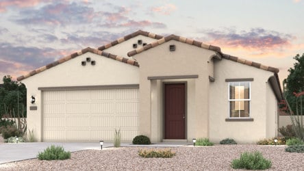 Twilight rendering of a new home for sale in Buckeye, AZ with 2 car garage at Montana Vista by Century Communities.