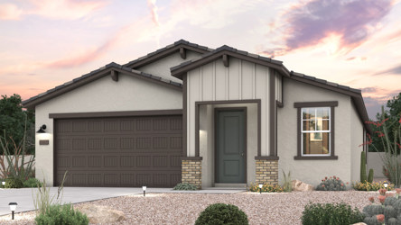 Twilight rendering of a new home for sale in Buckeye, AZ with 2 car garage at Montana Vista by Century Communities.