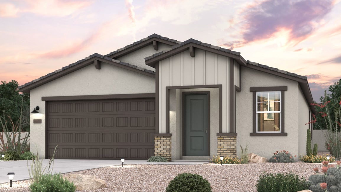 Twilight rendering of a new home for sale in Buckeye, AZ with 2 car garage at Montana Vista by Century Communities.