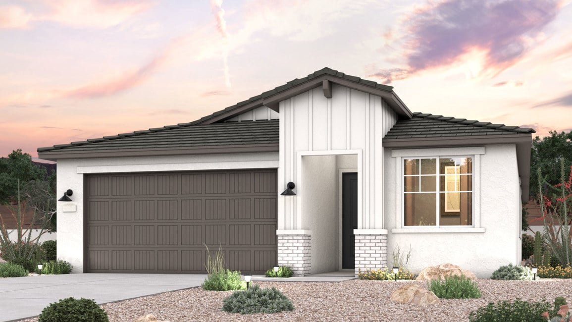 Twilight rendering of a new home for sale in Buckeye, AZ with 2 car garage at Montana Vista by Century Communities.