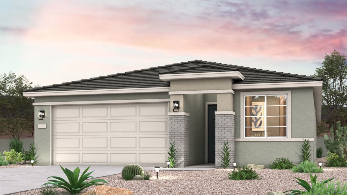 Twilight rendering of a new home for sale in Buckeye, AZ with 2 car garage at Montana Vista by Century Communities.