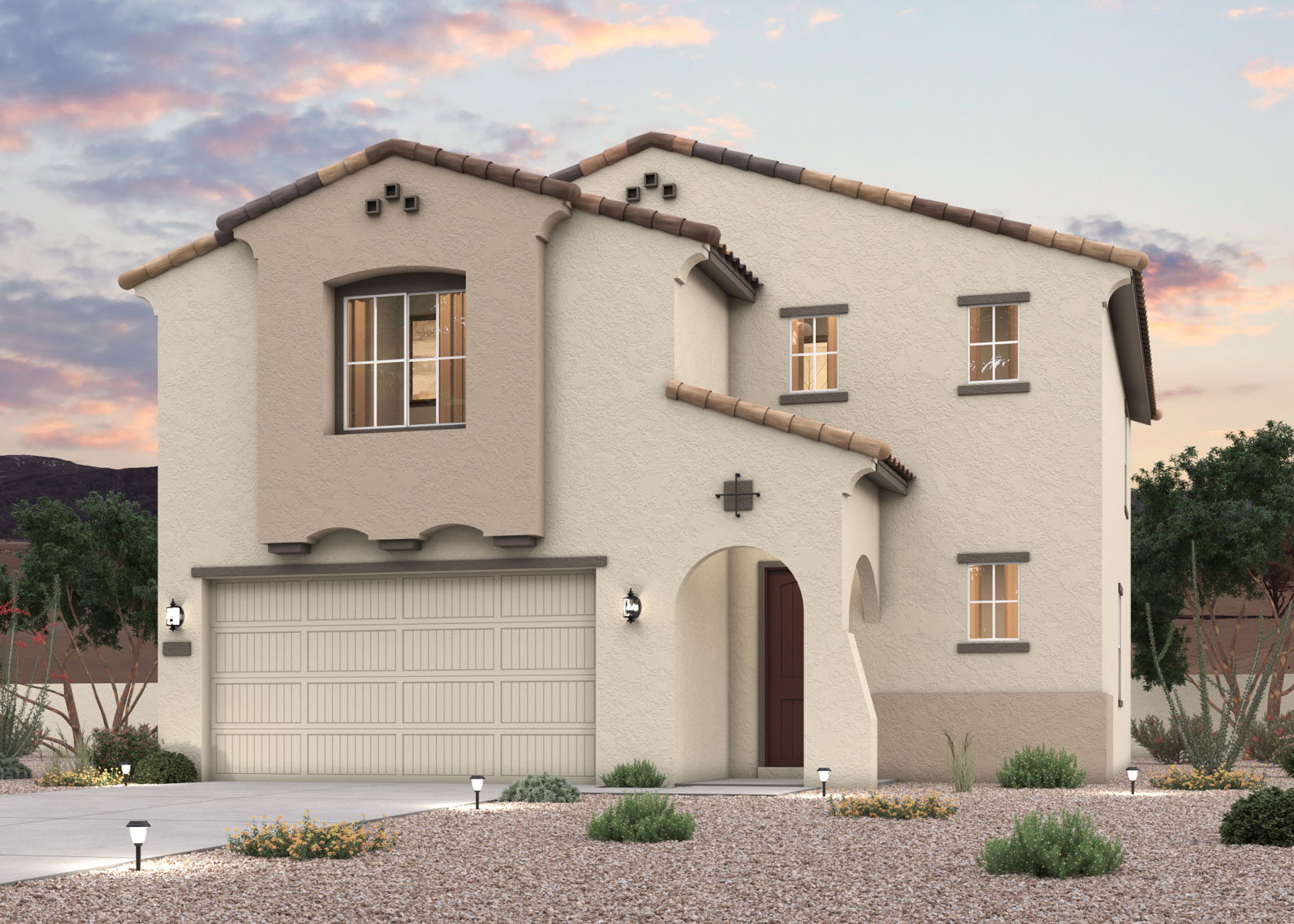 Twilight rendering of a new 2-story home for sale in Buckeye, AZ with 2 car garage at Montana Vista by Century Communities.