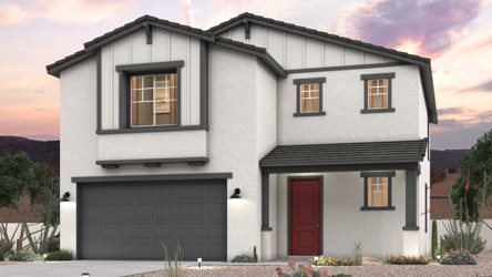 Twilight rendering of a new 2-story home for sale in Buckeye, AZ with 2 car garage at Montana Vista by Century Communities.