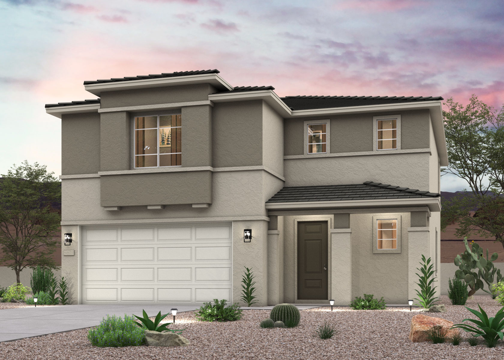 Twilight rendering of a new 2-story home for sale in Buckeye, AZ with 2 car garage at Montana Vista by Century Communities.