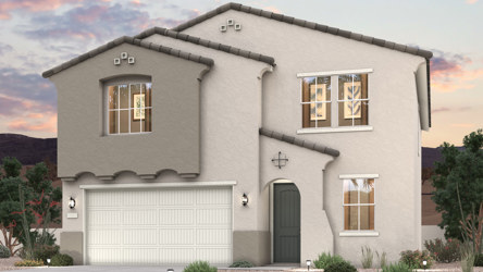 Twilight rendering of a new 2-story home for sale in Buckeye, AZ with 2 car garage at Montana Vista by Century Communities.
