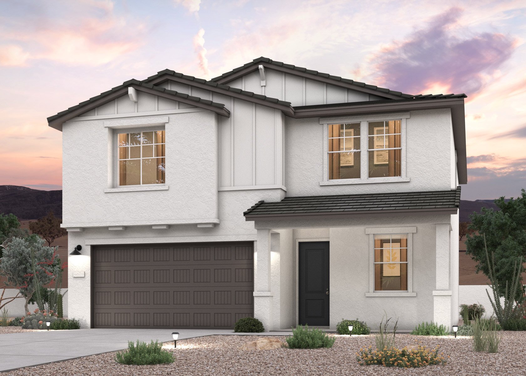 Twilight rendering of a new 2-story home for sale in Buckeye, AZ with 2 car garage at Montana Vista by Century Communities.