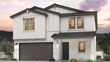 Twilight rendering of a new 2-story home for sale in Buckeye, AZ with 2 car garage at Montana Vista by Century Communities.