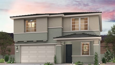 Twilight rendering of a new 2-story home for sale in Buckeye, AZ with 2 car garage at Montana Vista by Century Communities.