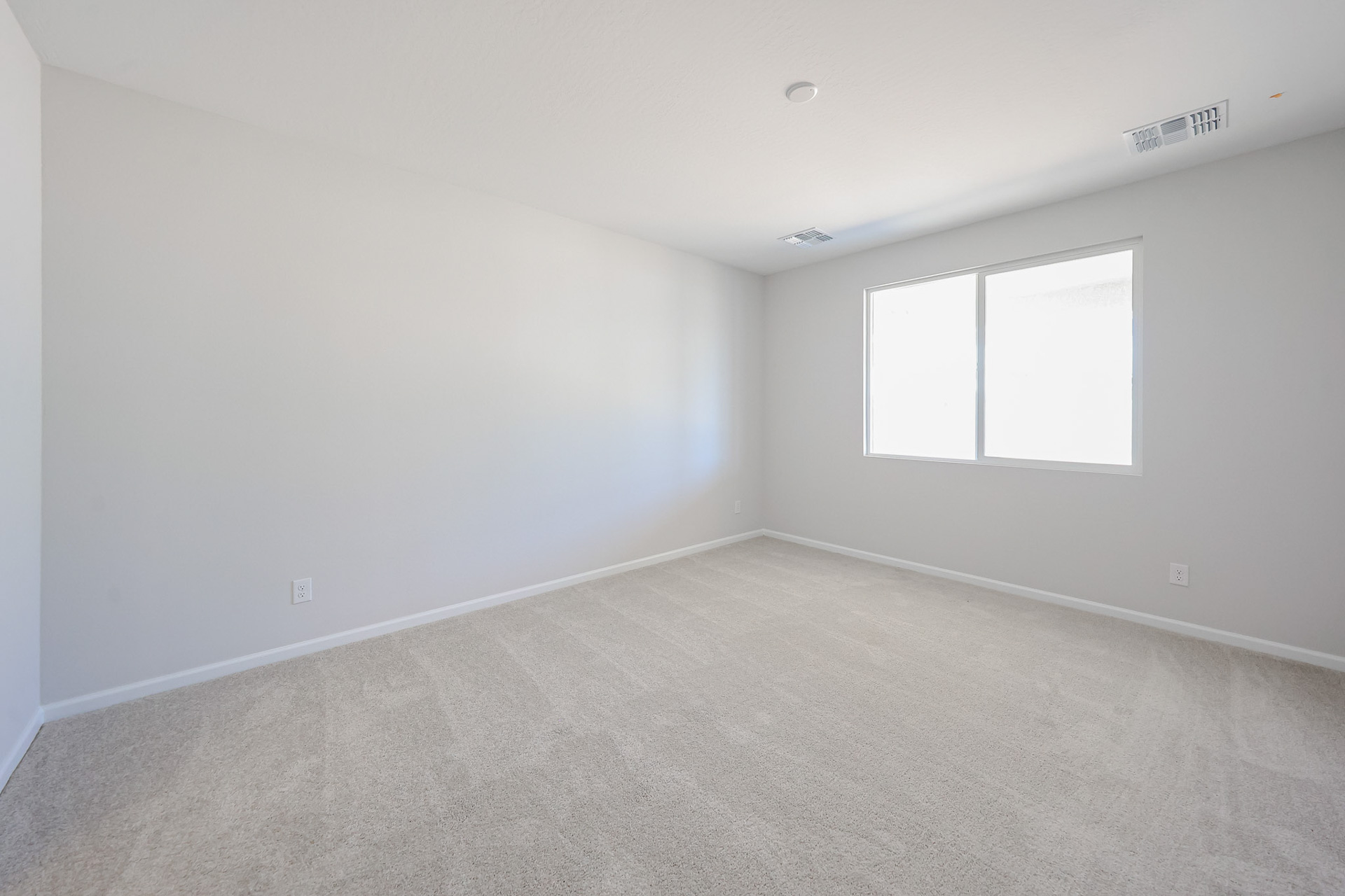 A room with a carpet and windows.