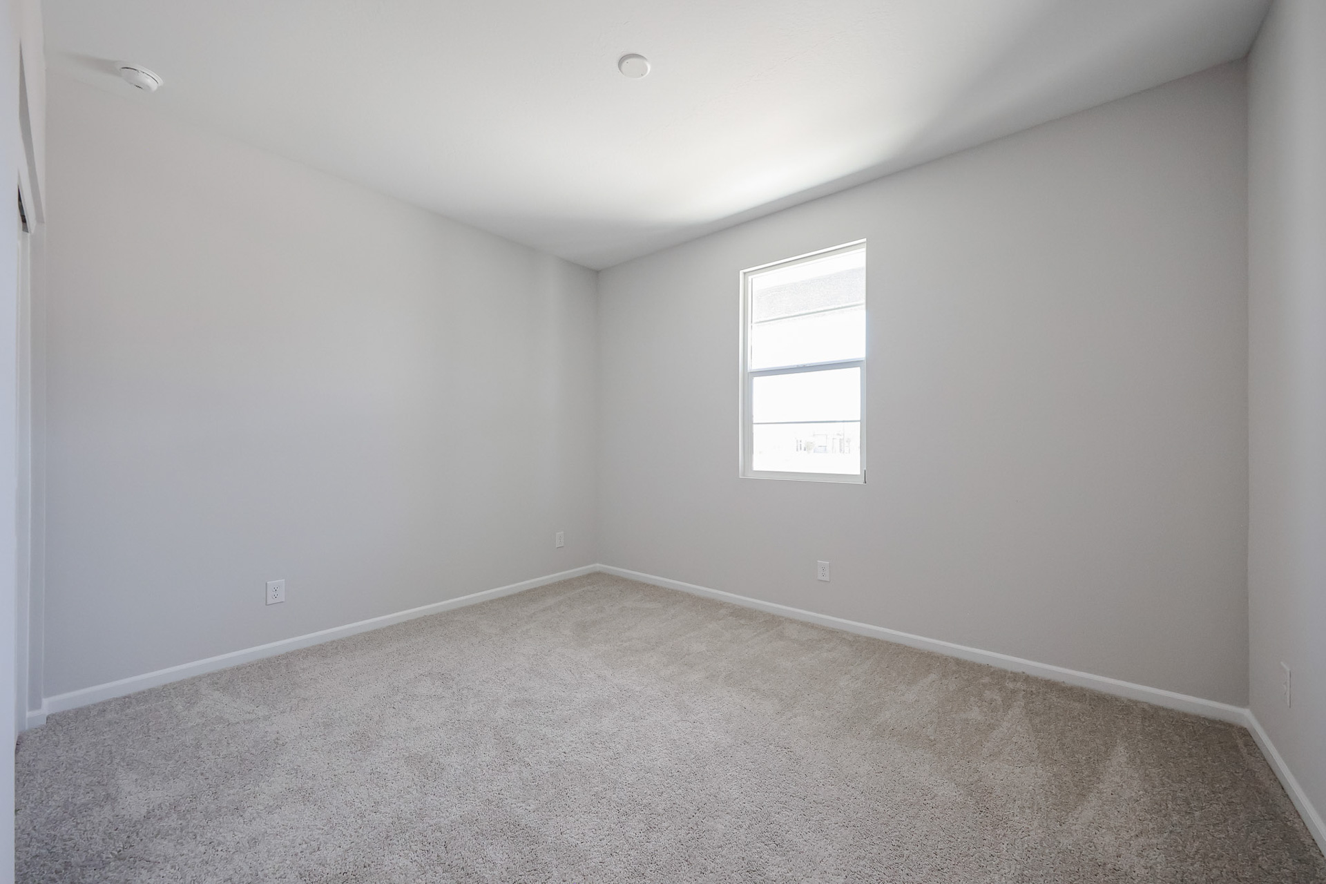 A room with a carpet and a window.