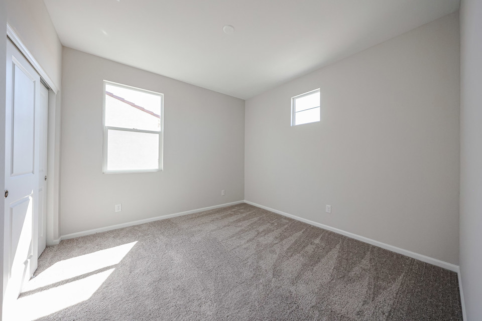 A room with a carpet and windows.