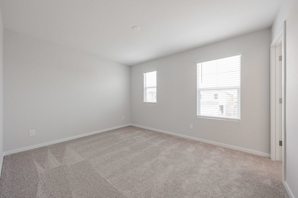 A room with a carpet and windows.