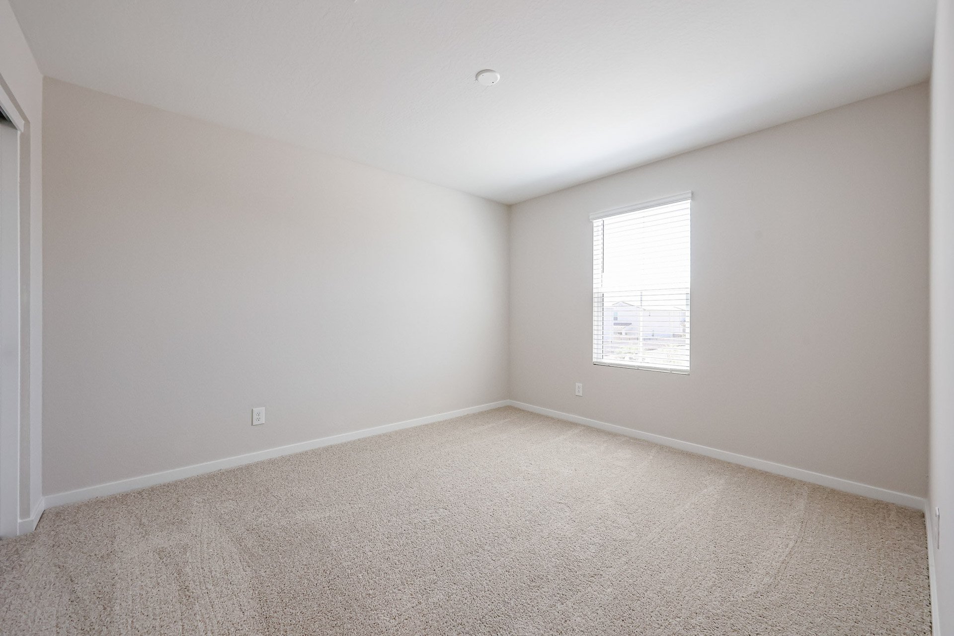A room with a carpet and a window.