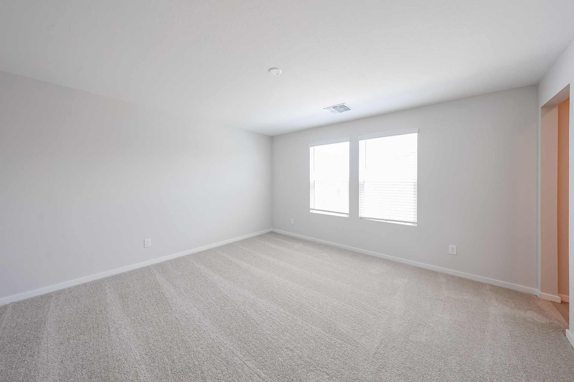 A room with a carpet and windows.