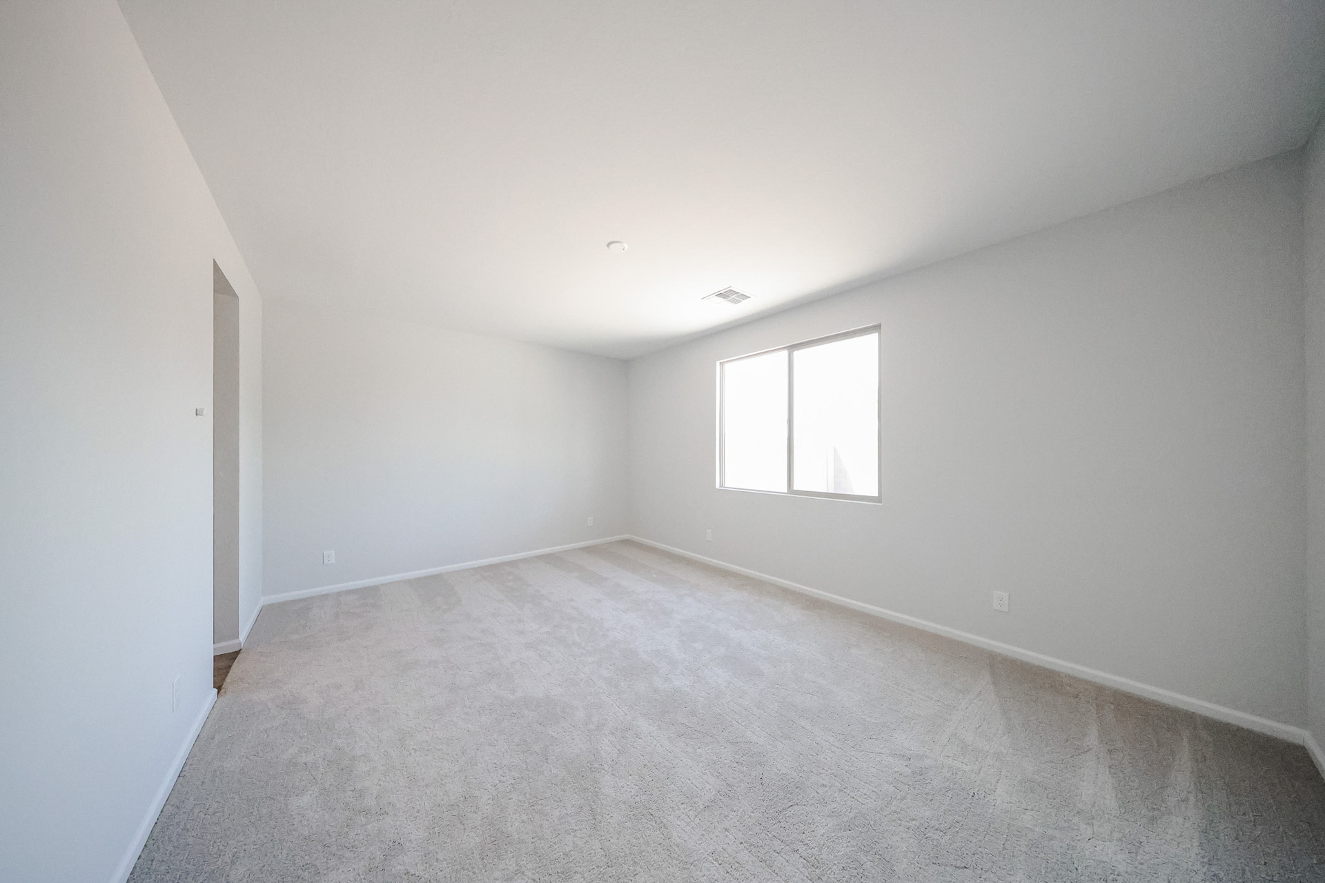 A room with a carpet and windows.