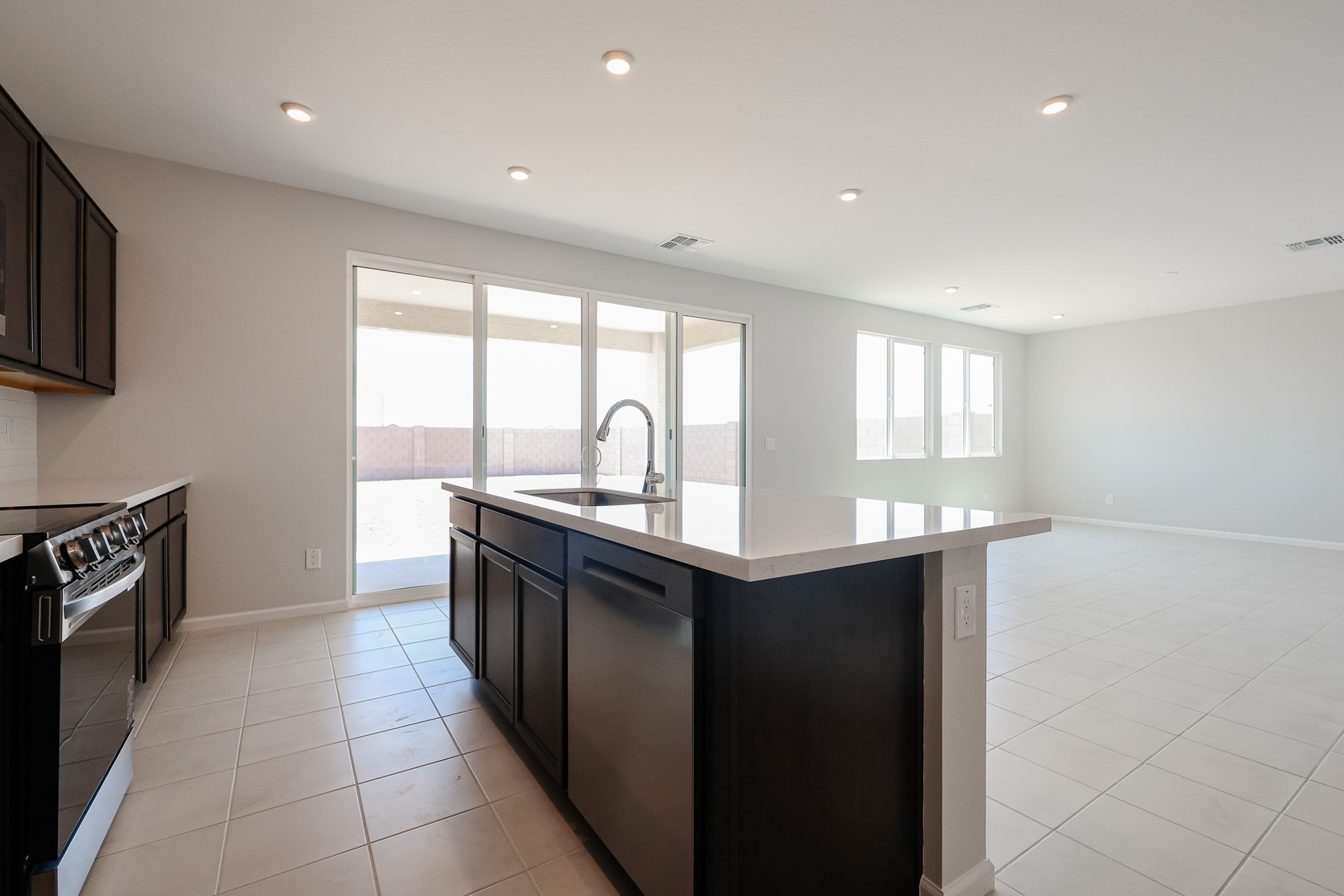A kitchen with a large island.
