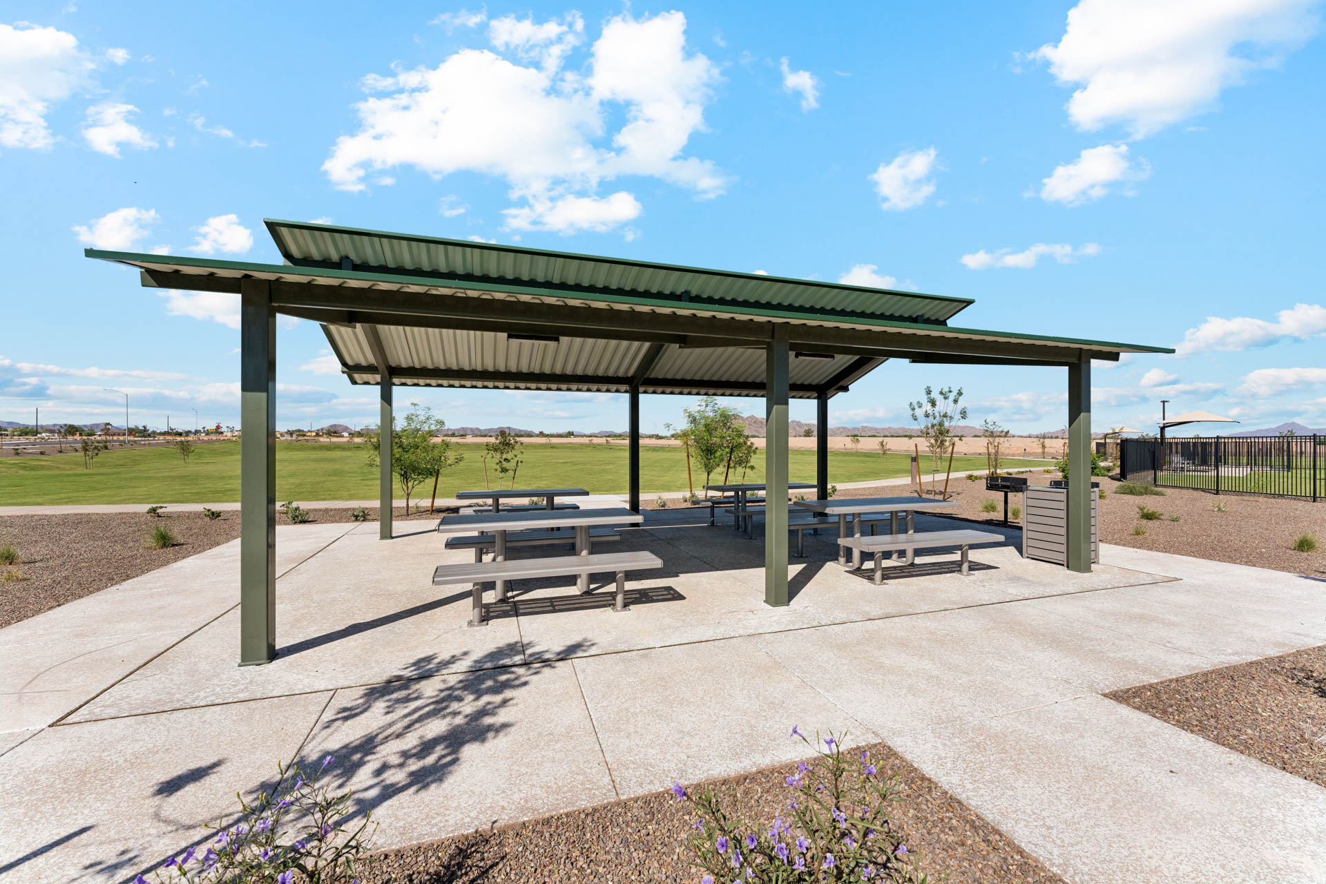 A covered area with benches and a covered area.