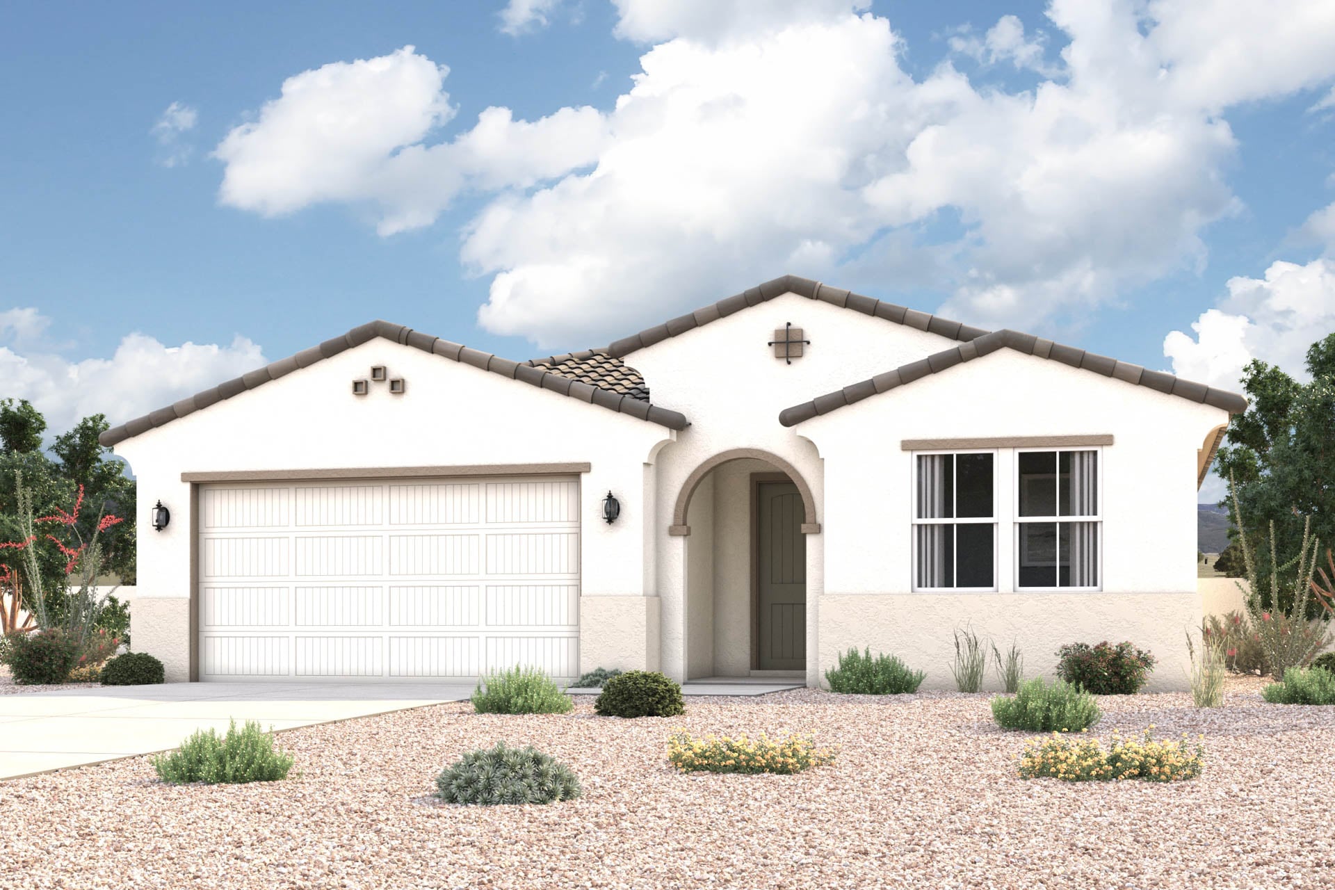 Architectural rendering of 1-story home in Maricopa, AZ with optional 3-Car Garage and USDA Loans available near Amarillo Creek.