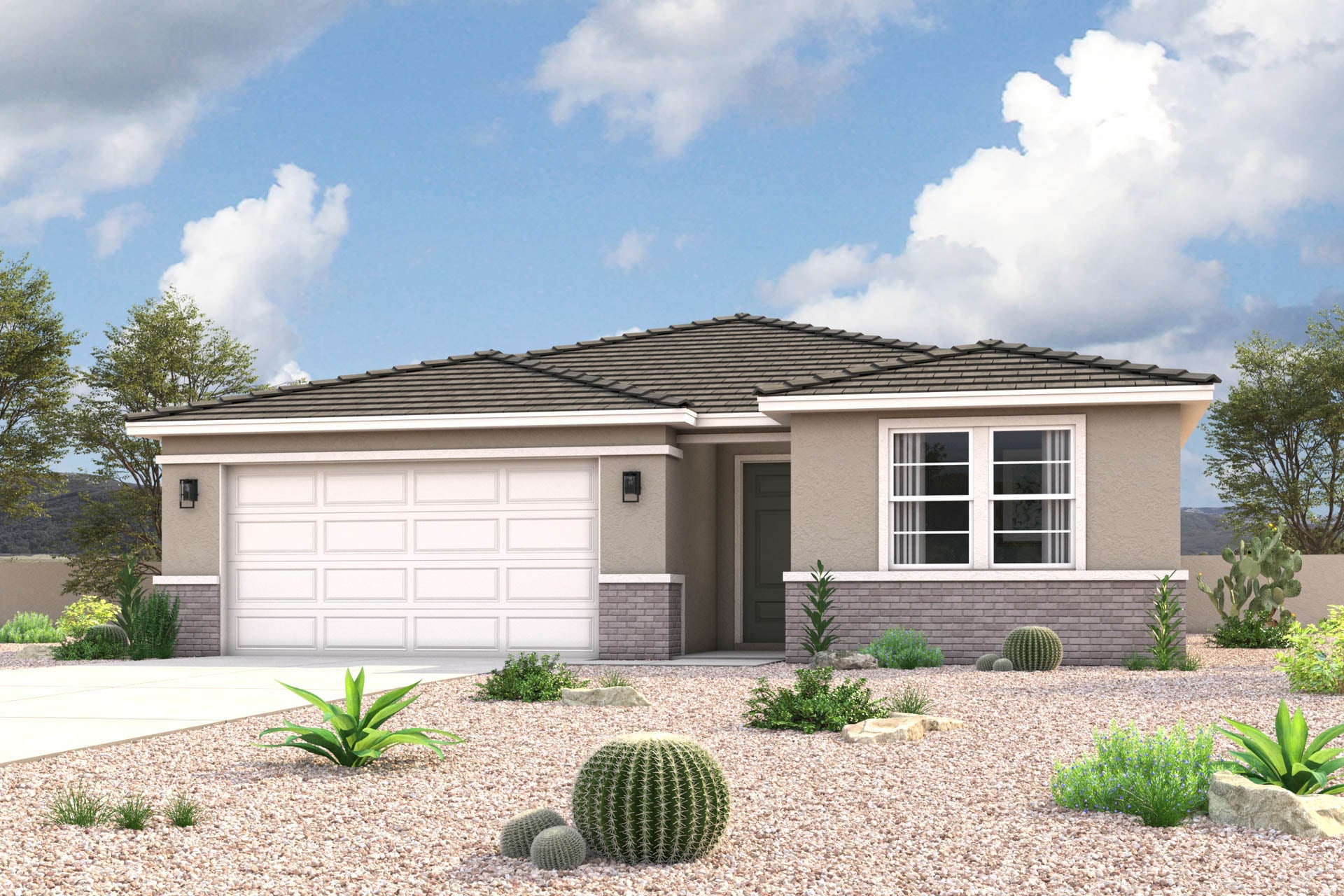Architectural rendering of front of 1-story home in Maricopa, AZ with optional 3-Car Garage and USDA Loans available near Amarillo Creek.
