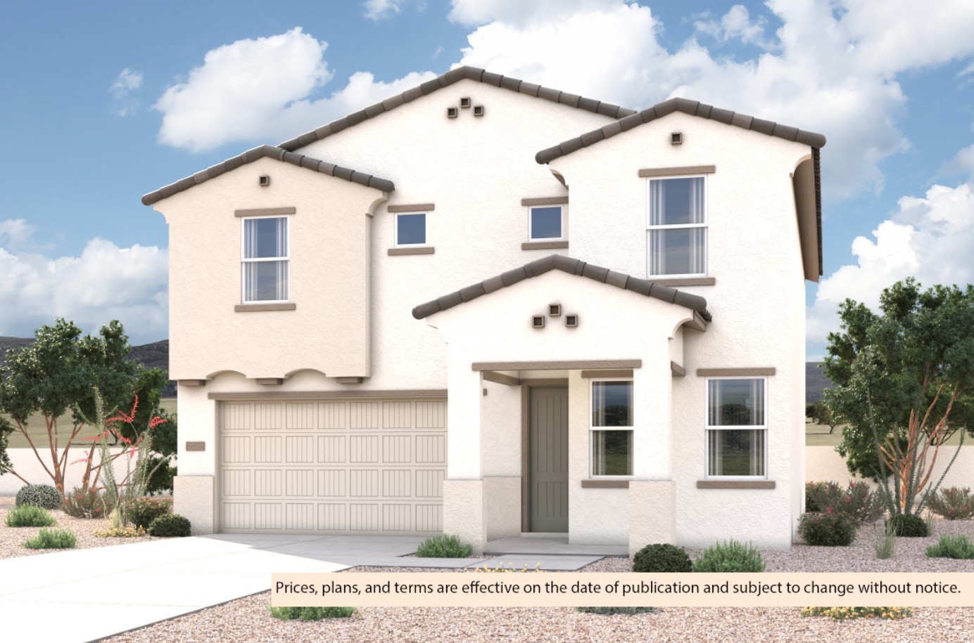 Spanish exterior elevation rendering of 2 story 3-5 bedroom New Home floor plan in Maricopa AZ USDA Loan VA Loan Eligible Near 347 with community amenities near park