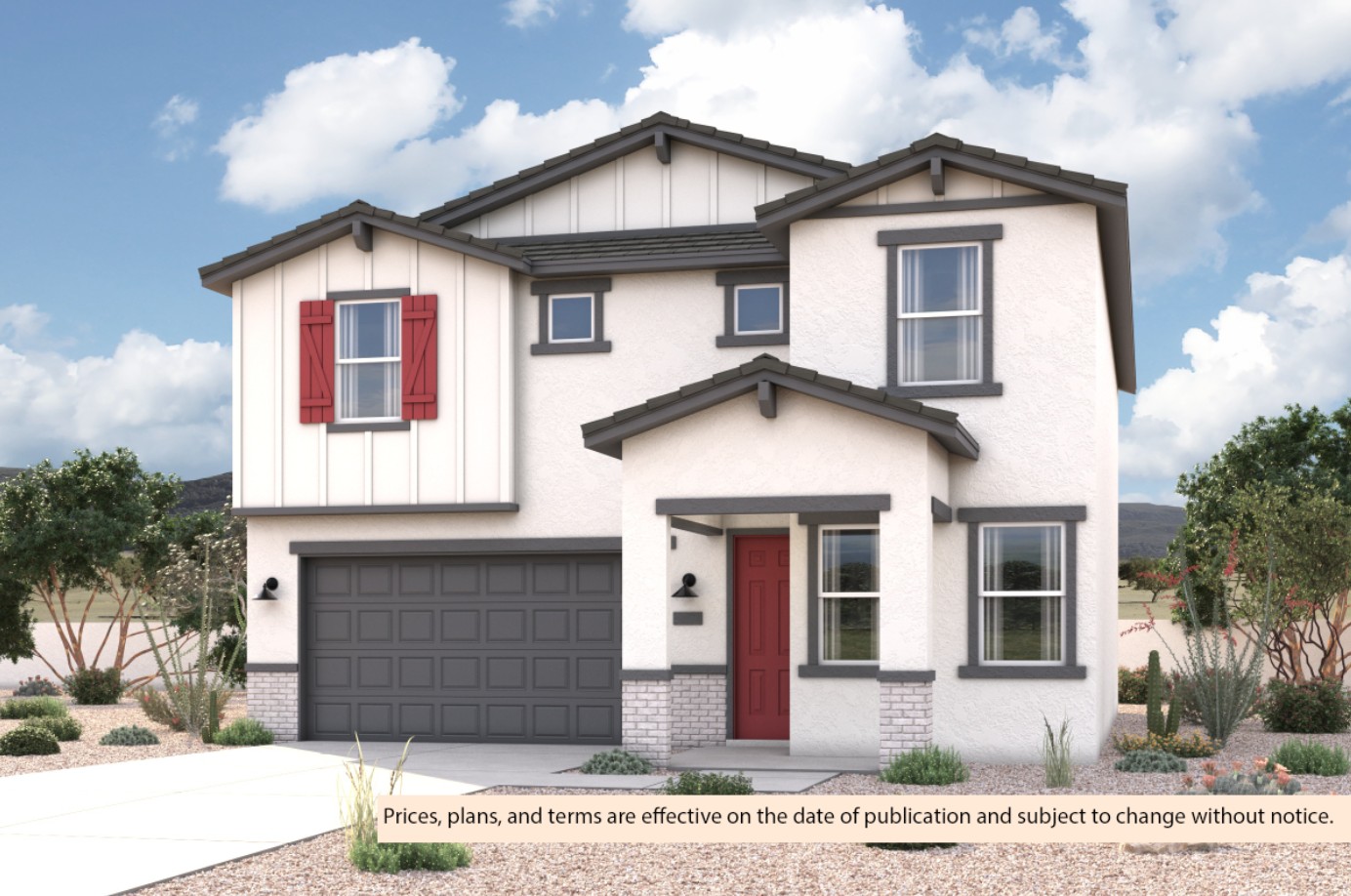 Modern Praire exterior elevation rendering of 2 story 3-5 bedroom New Home floor plan in Maricopa AZ USDA Loan VA Loan Eligible Near 347 with community amenities near park
