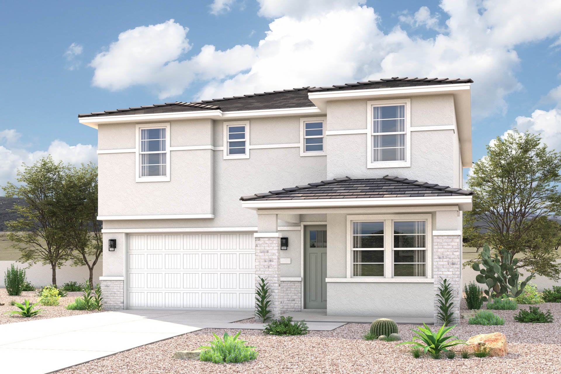Spanish exterior elevation rendering of 2 story 3-5 bedroom New Home floor plan in Maricopa AZ USDA Loan VA Loan Eligible Near 347 with community amenities near park