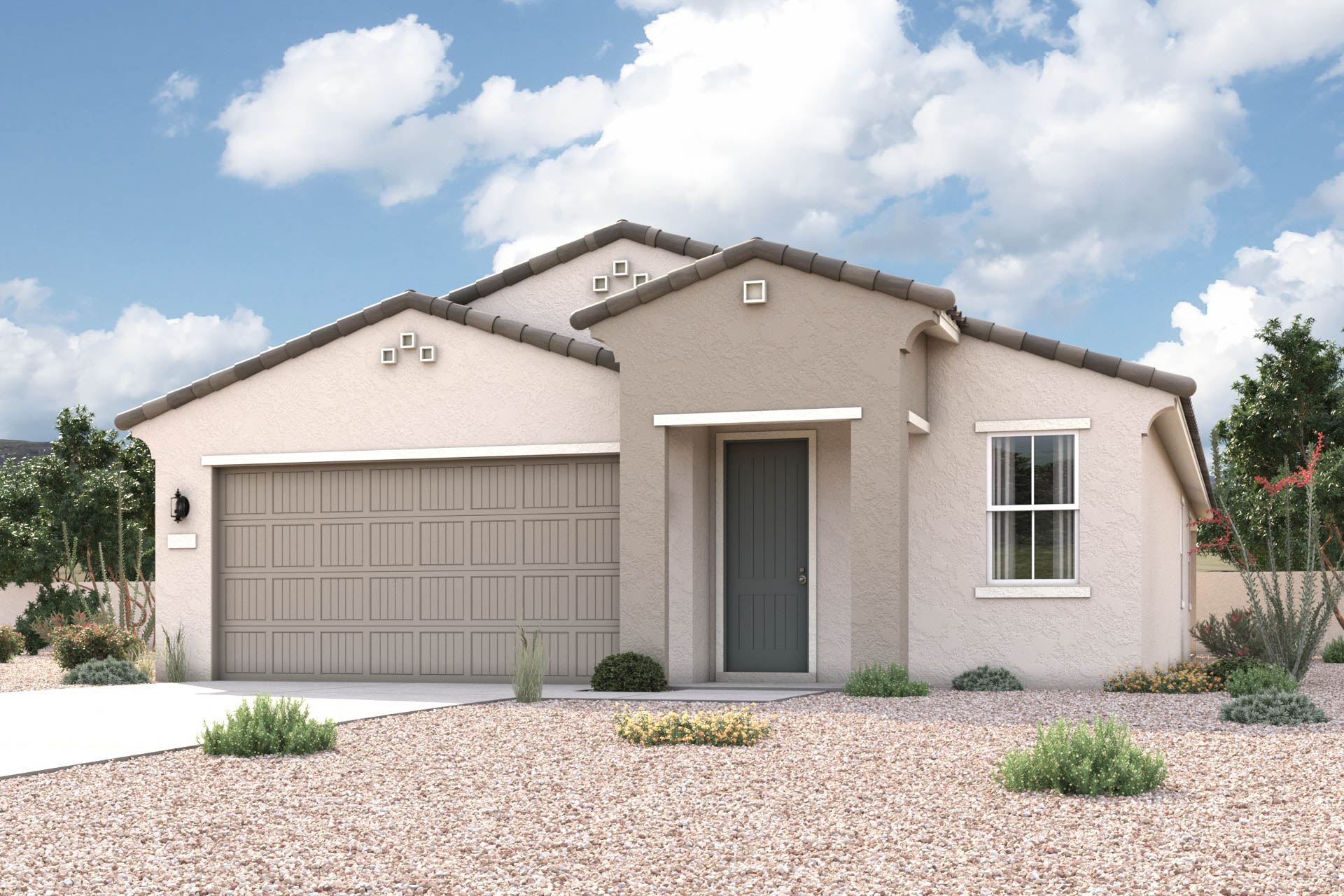 Spanish exterior elevation rendering of 1 story 3 bedroom New Home floor plan in Maricopa AZ USDA Loan VA Loan Eligible Near 347 with community amenities near park