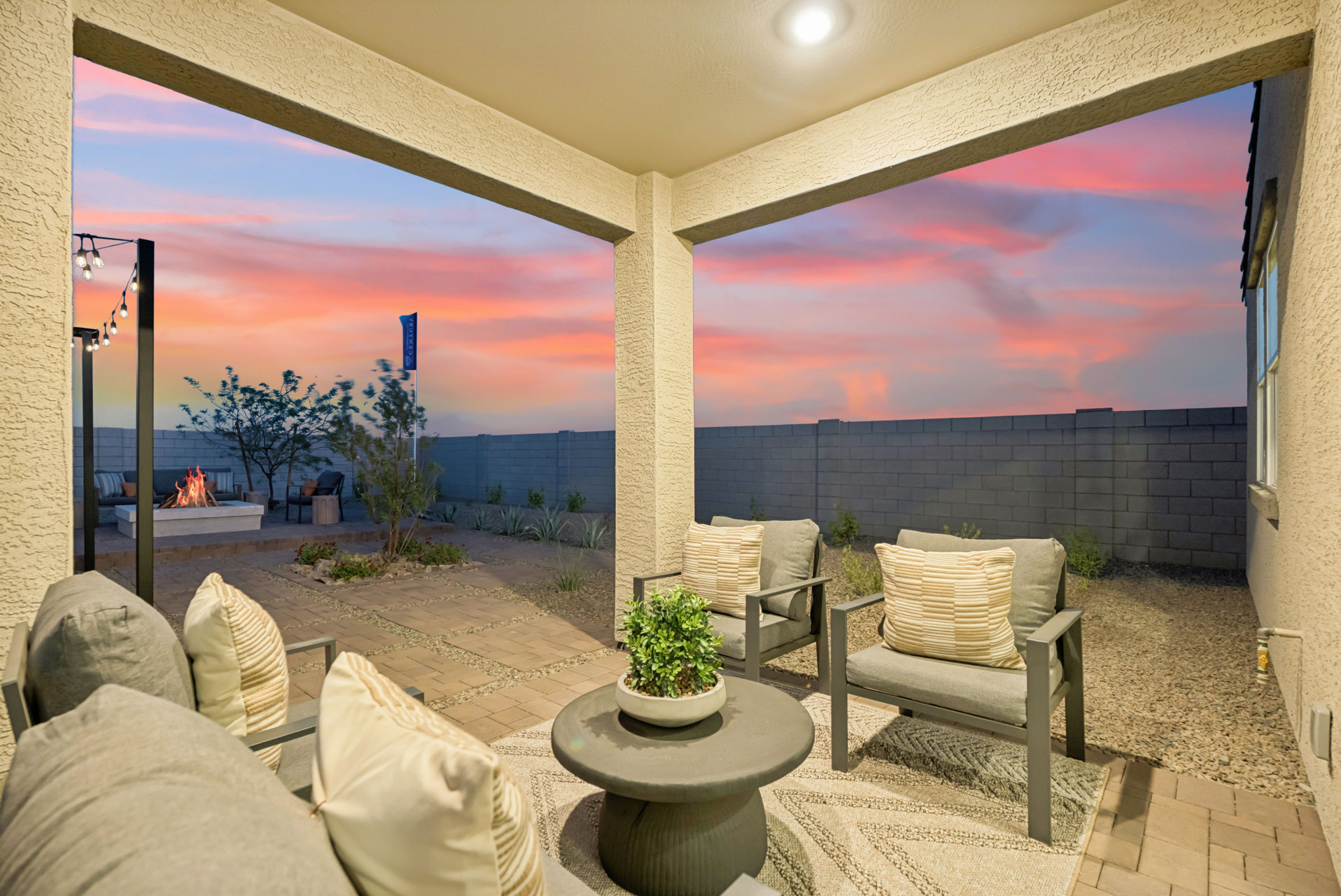 A patio with a large window.