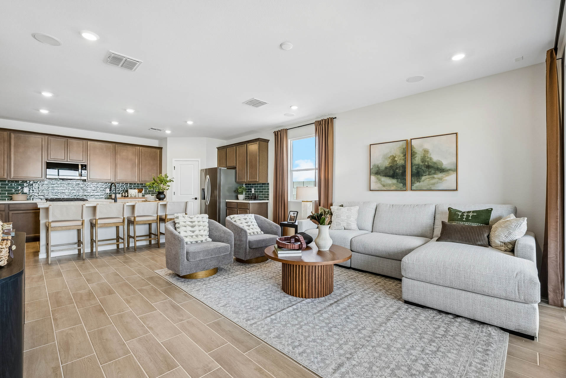 A living room with a large island.