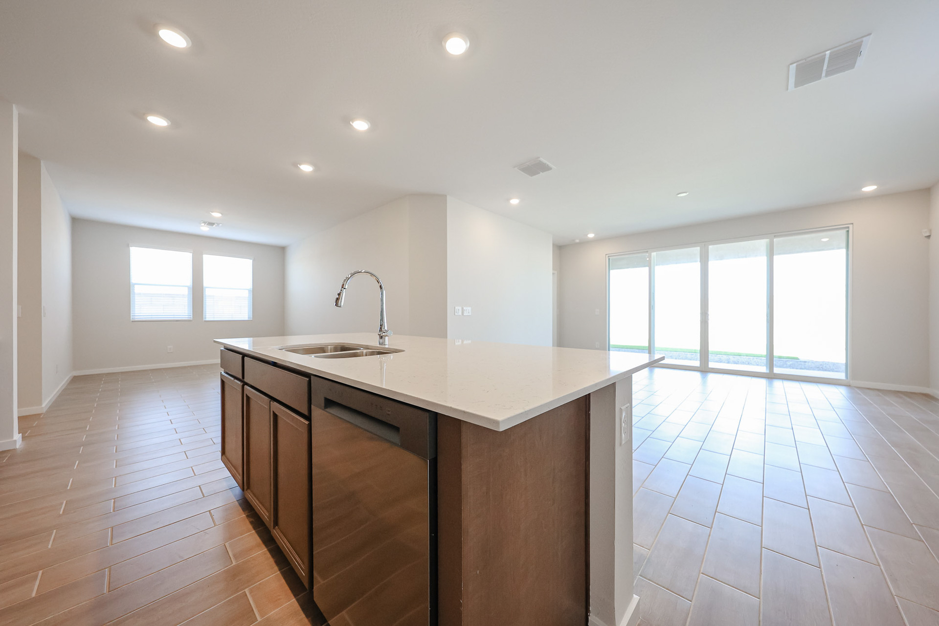 A kitchen with a large island.