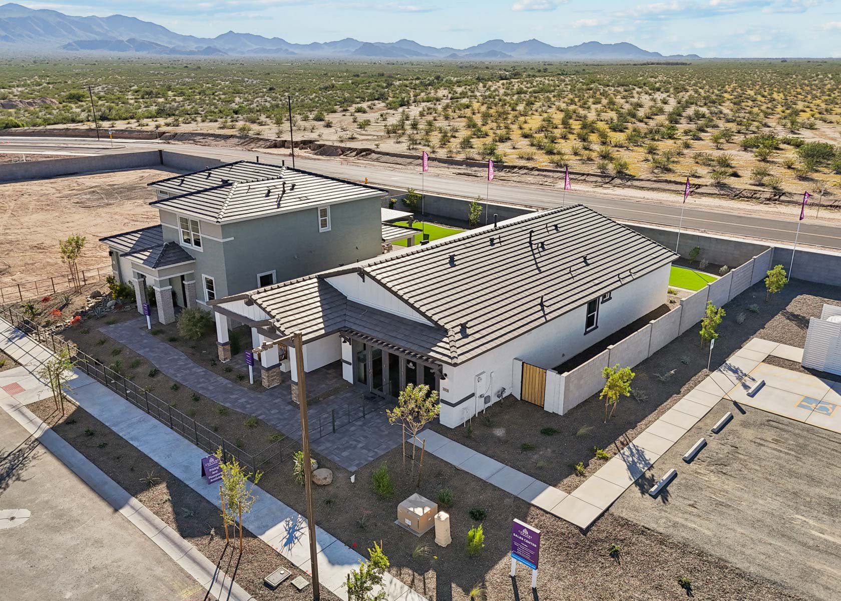 A building with a parking lot.