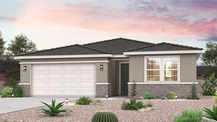 Twilight rendering of front of home with 2 car garage and bushes in Surprise, AZ