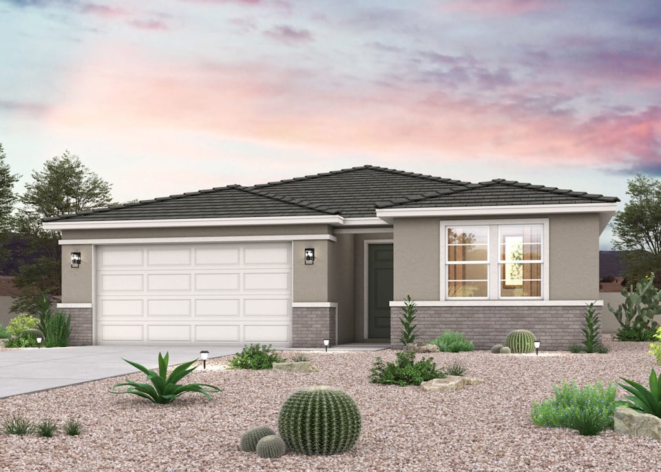 Twilight rendering of front of home with 2 car garage and bushes in Surprise, AZ