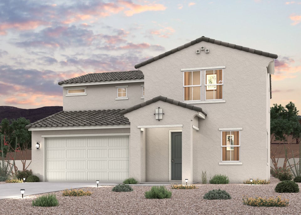 Twilight rendering of the front of a 2-Story home with 2 car garage in Surprise, AZ