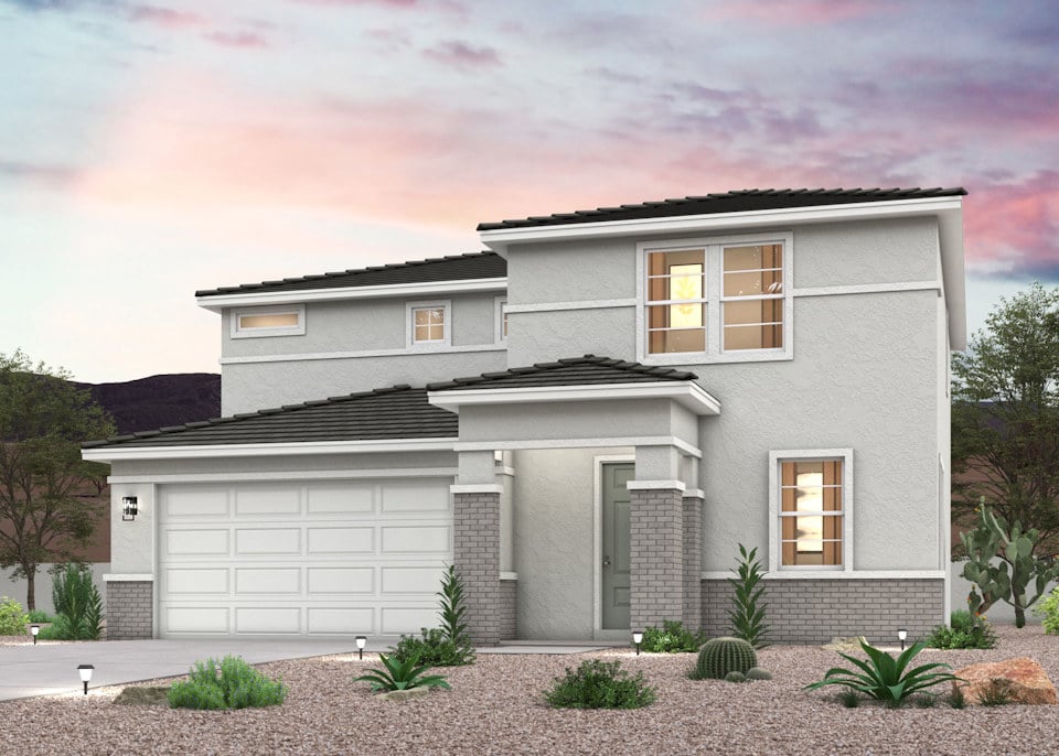 Twilight rendering of the front of a 2-Story home with 2 car garage in Surprise, AZ