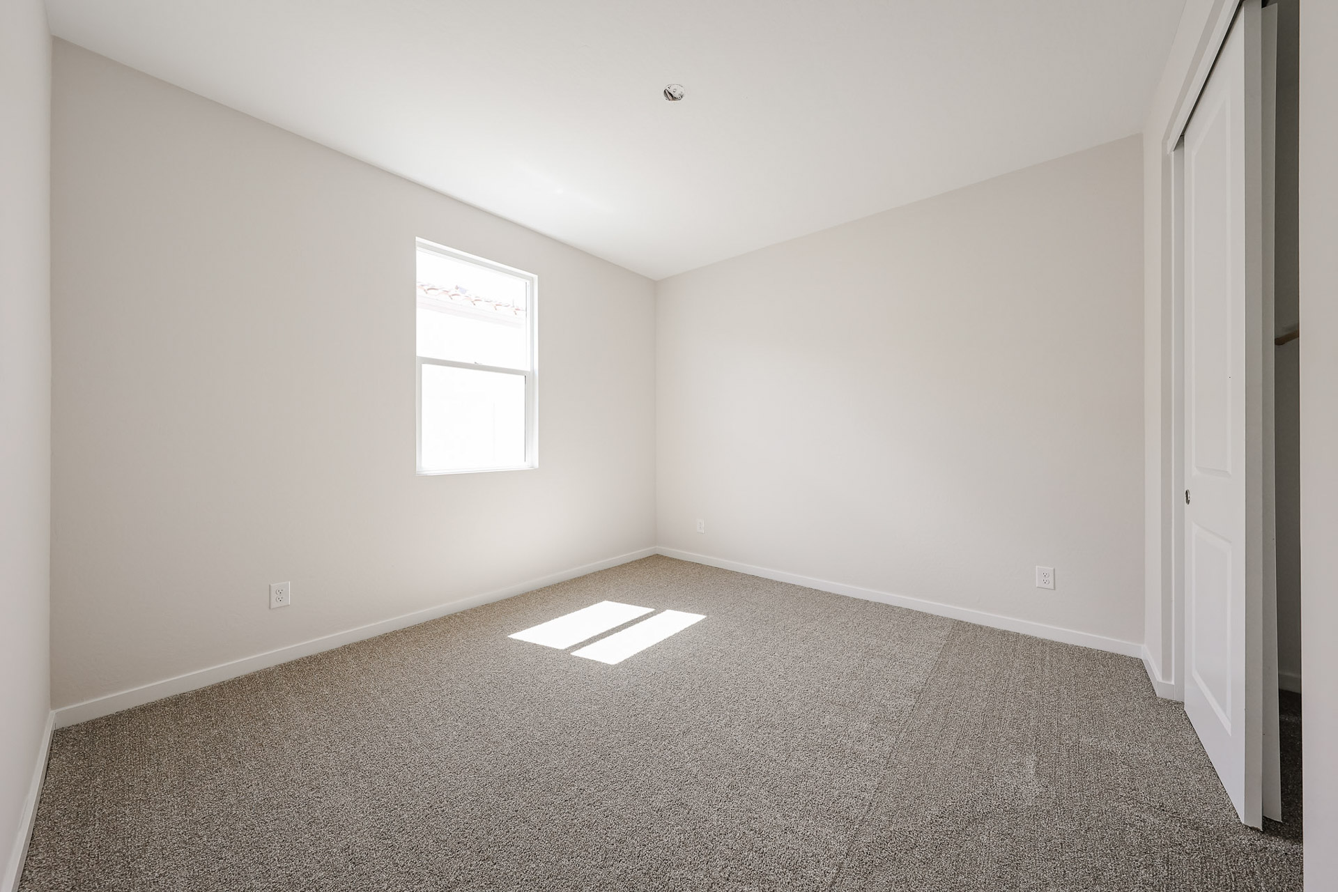 A room with a carpet and a window.