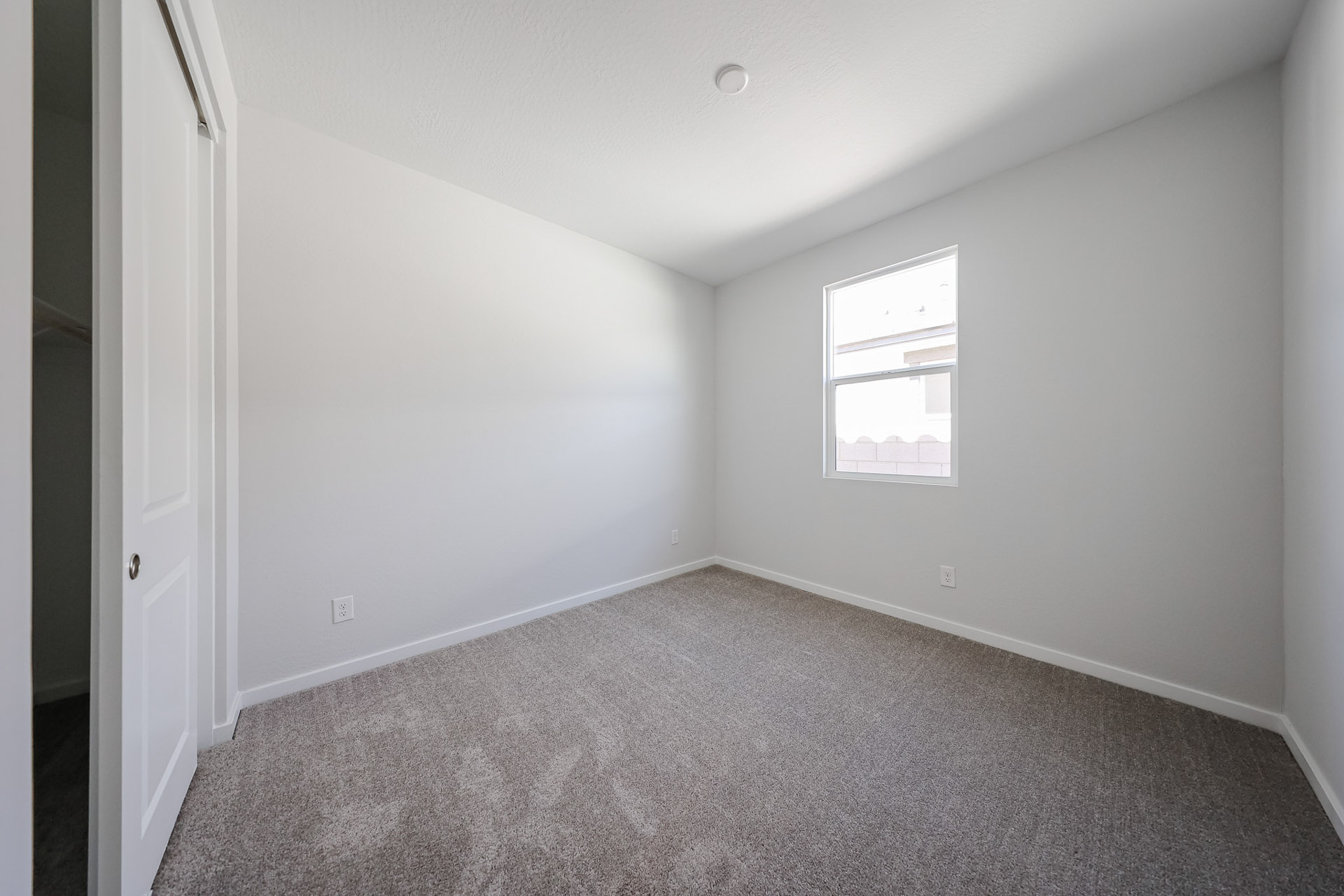 A room with a carpet and a window.