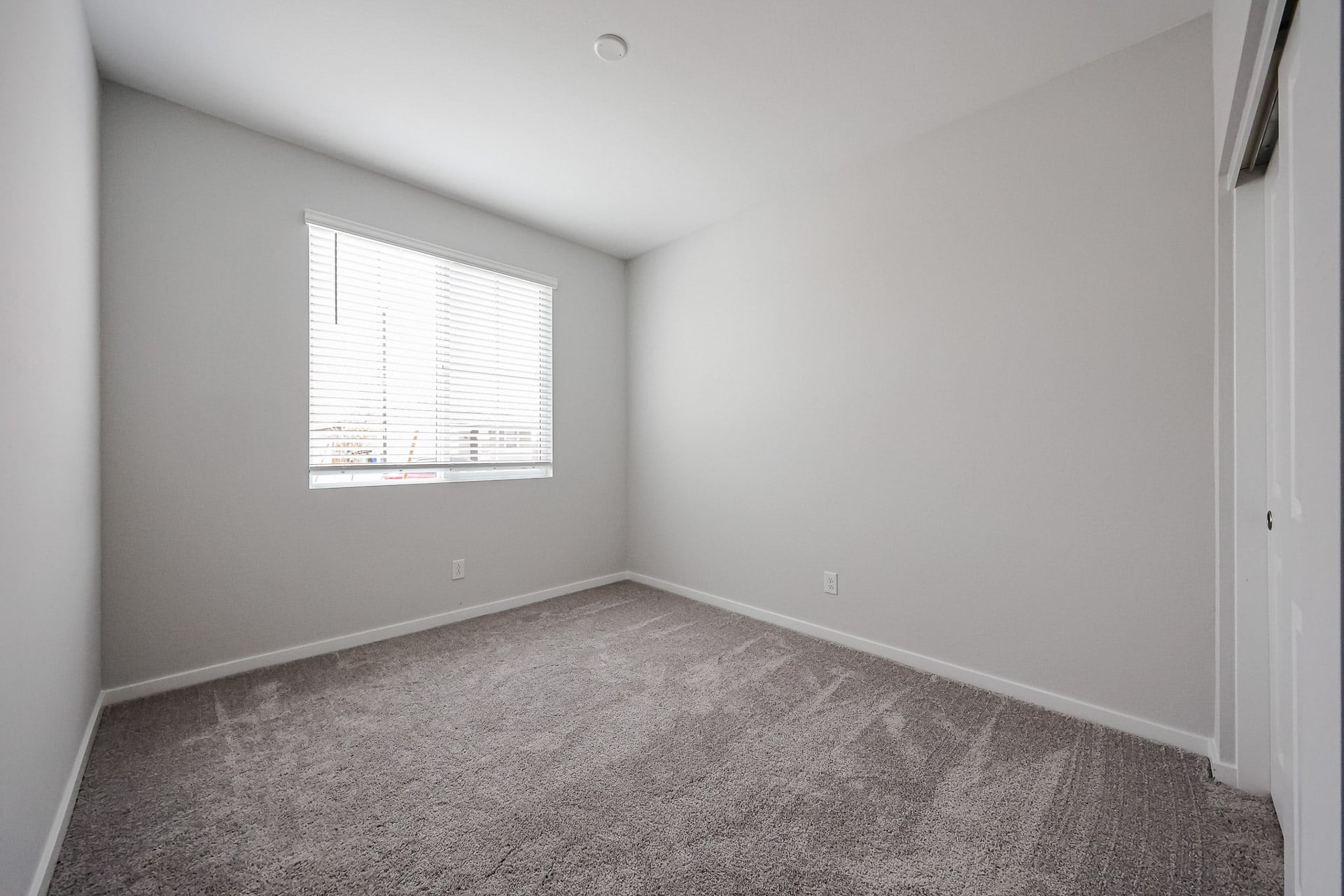 A room with a carpet and a window.