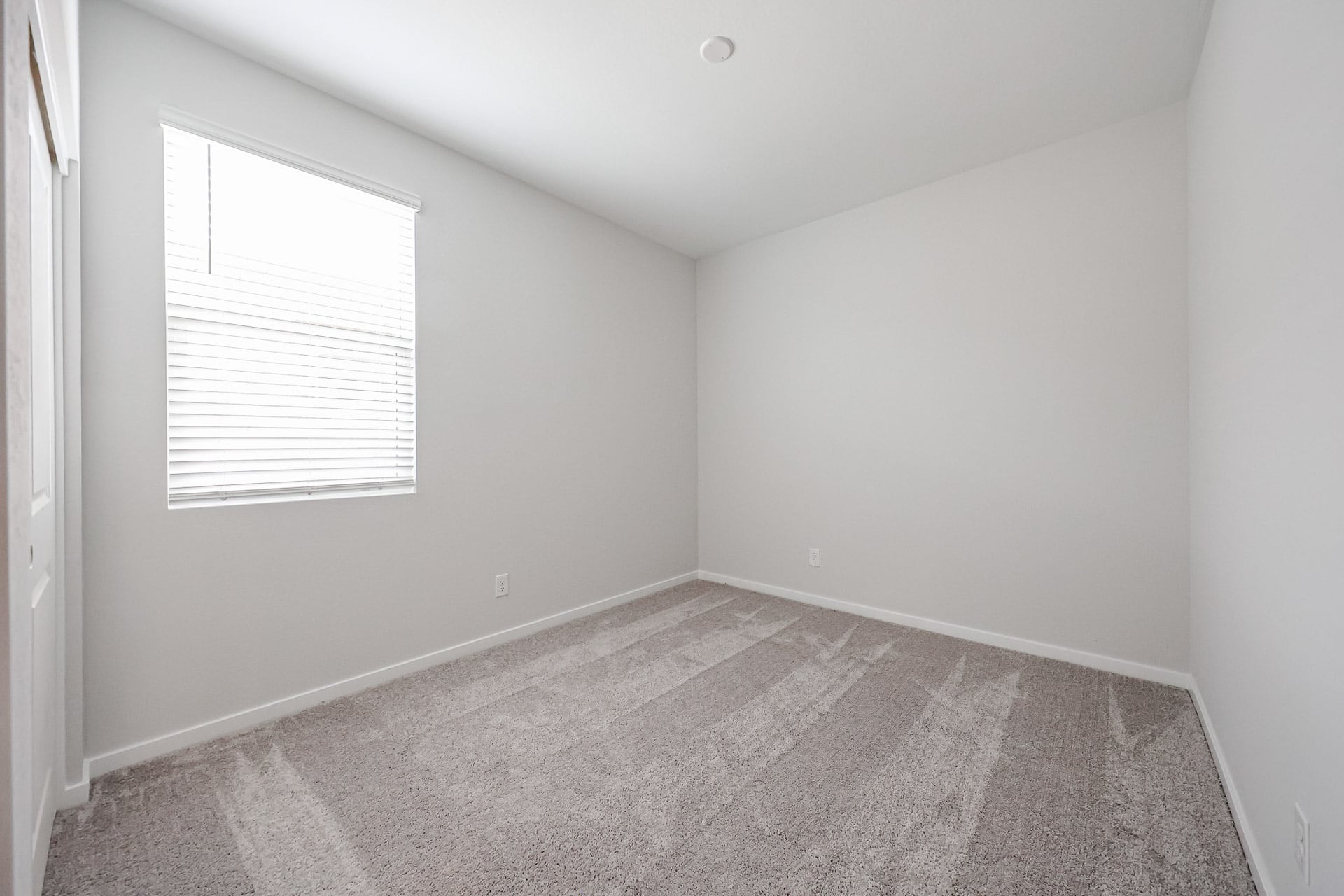A room with a carpet and a window.