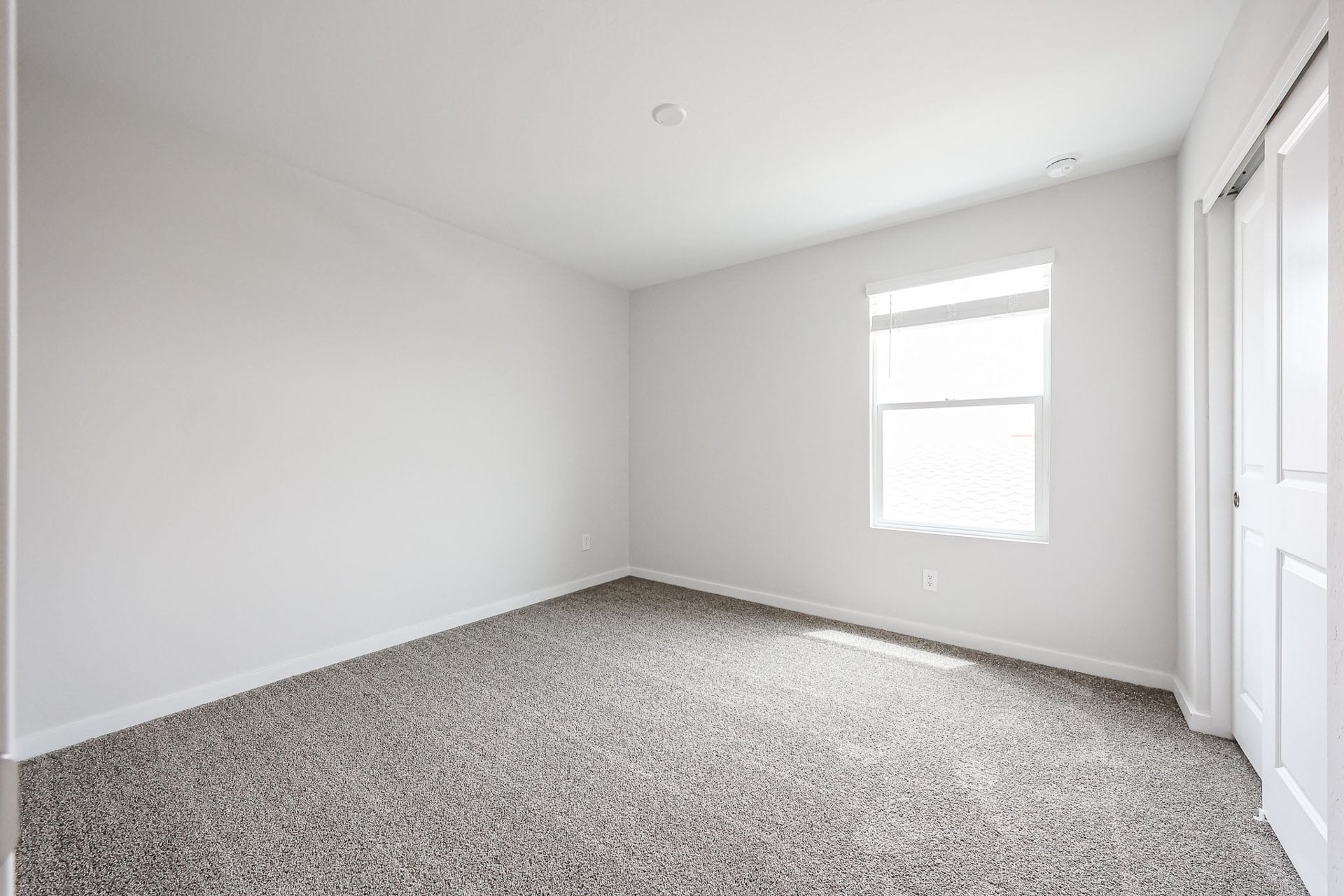 A room with a carpet and a window.
