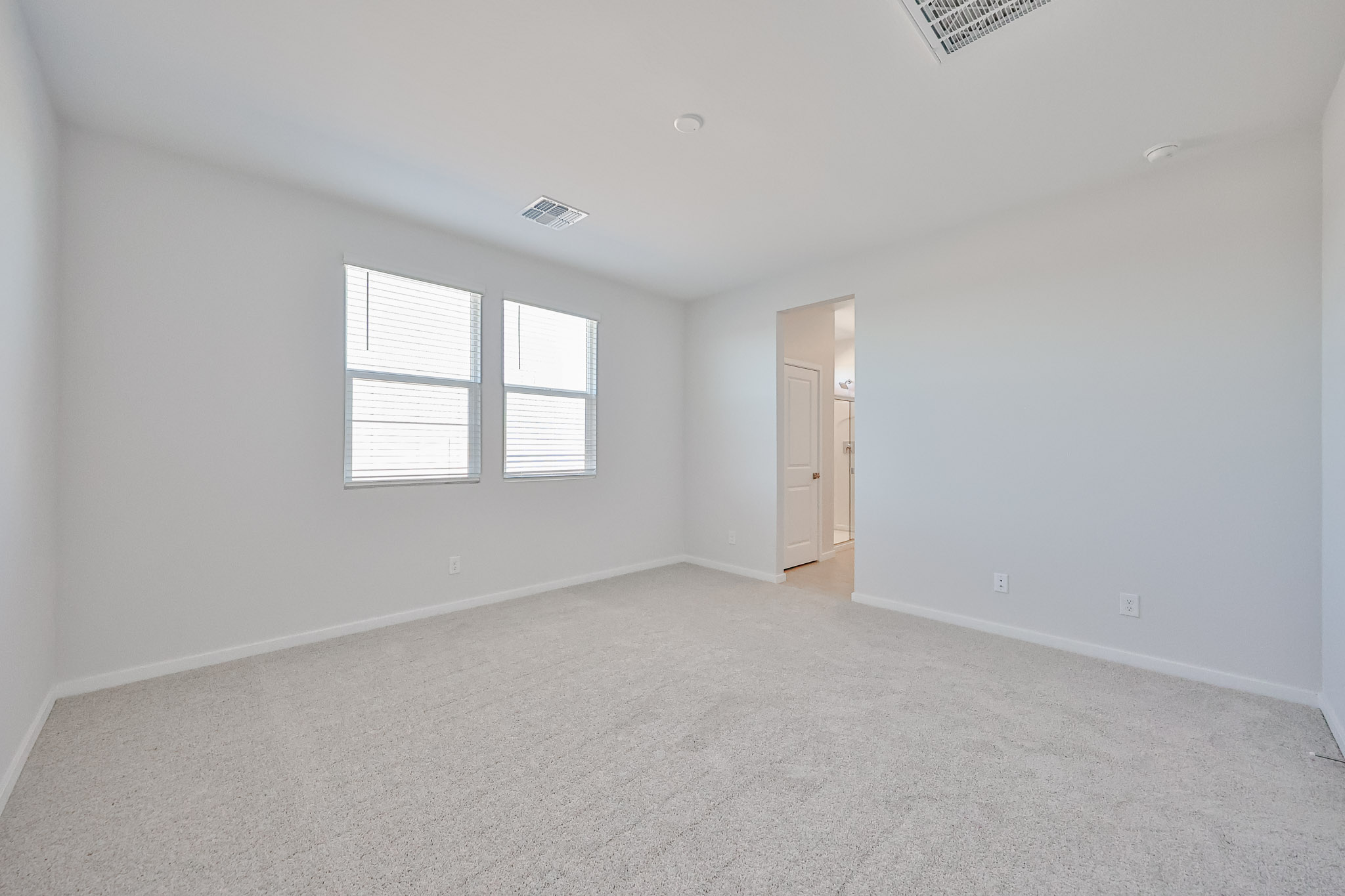 A room with a carpet and windows.