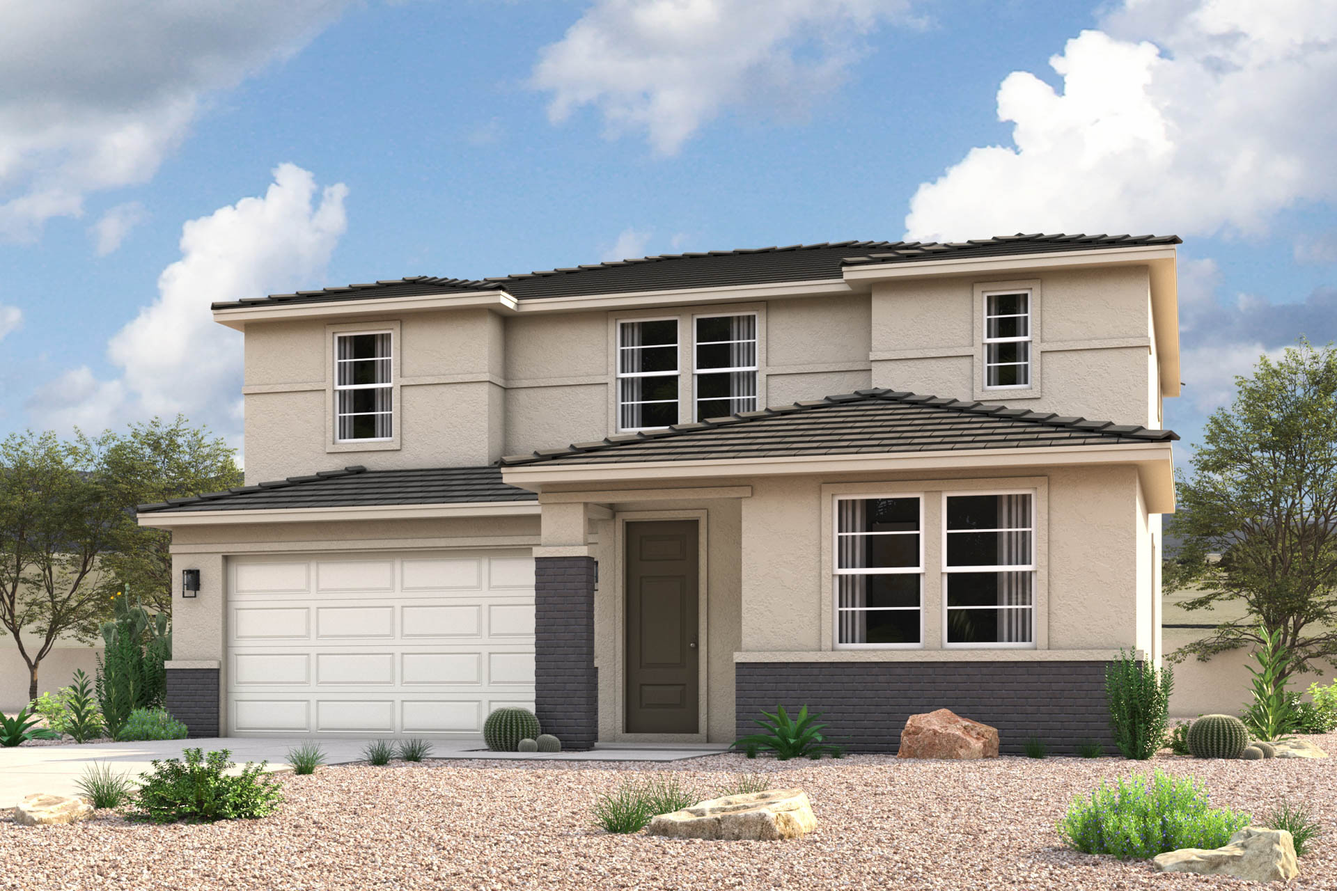 New Home modern prairie exterior elevation rendering of 2 story 4-bedroom floor plan with an additional Study + Loft in Florence AZ Near Queen Creek USDA Loan VA Loan Eligible Near Hunt Highway with community Pool, Gym and more!
