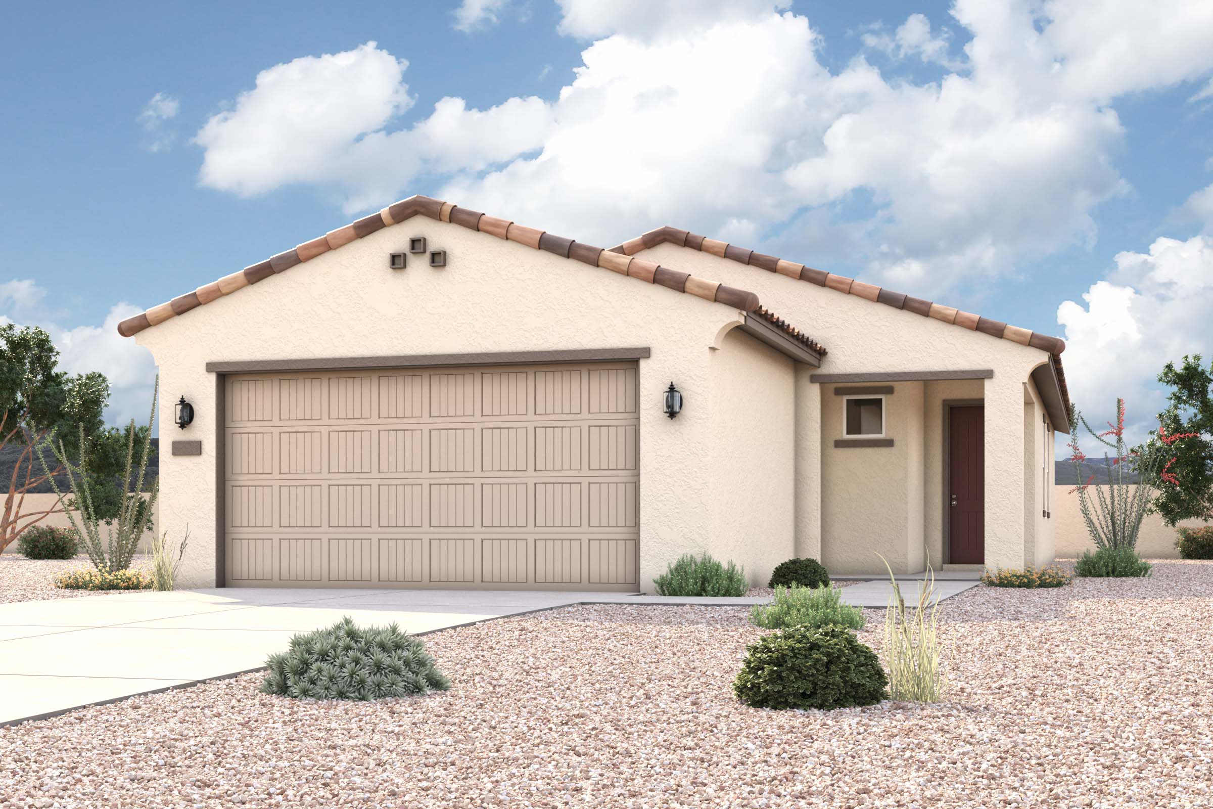 Rendering of front of new home for sale in San Tan Valley, AZ at Skyline Village the Highlands Collection by Century Communities with 2 car garage.