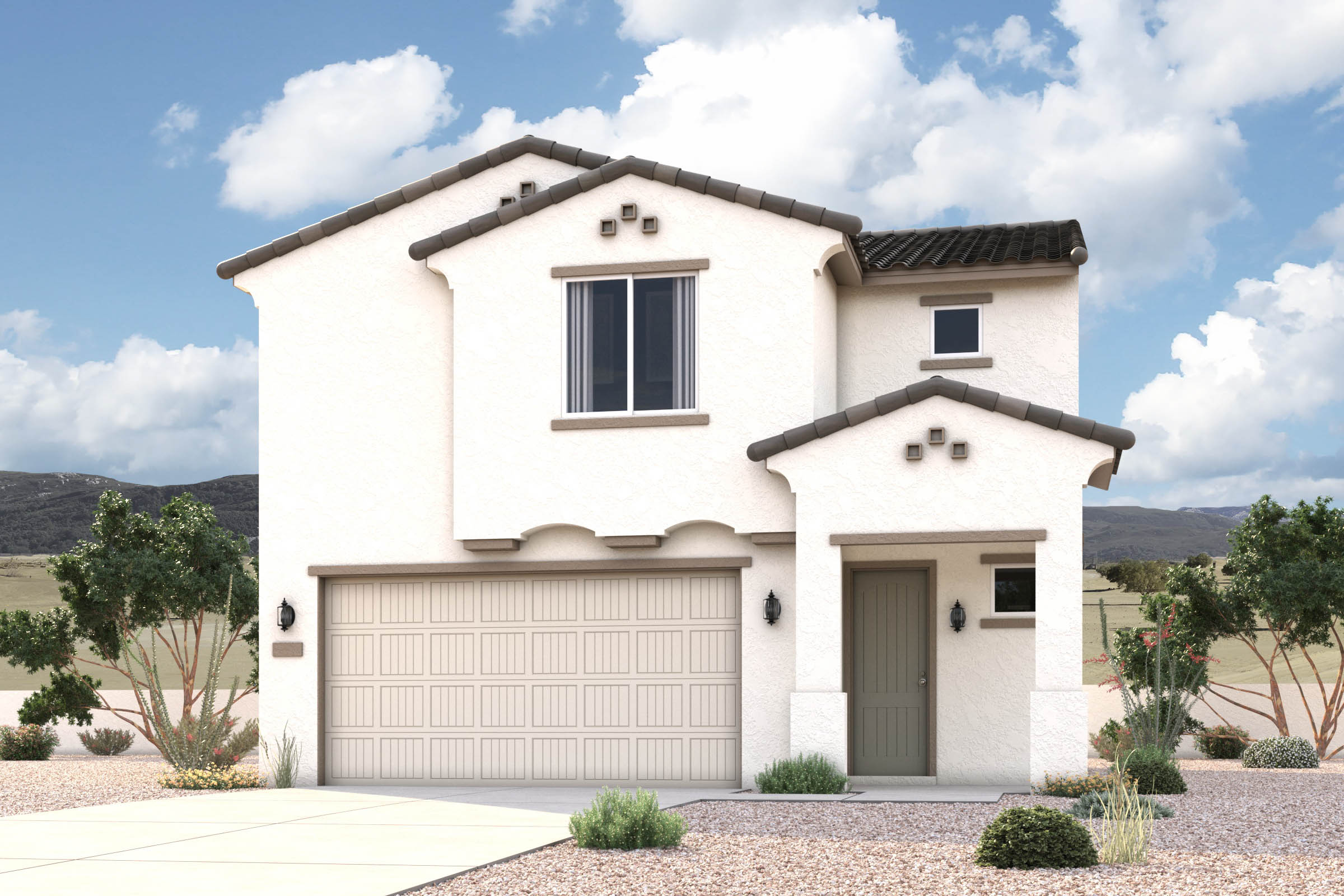 Rendering of front of new home for sale in San Tan Valley, AZ at Skyline Village the Highlands Collection by Century Communities with 2 car garage.