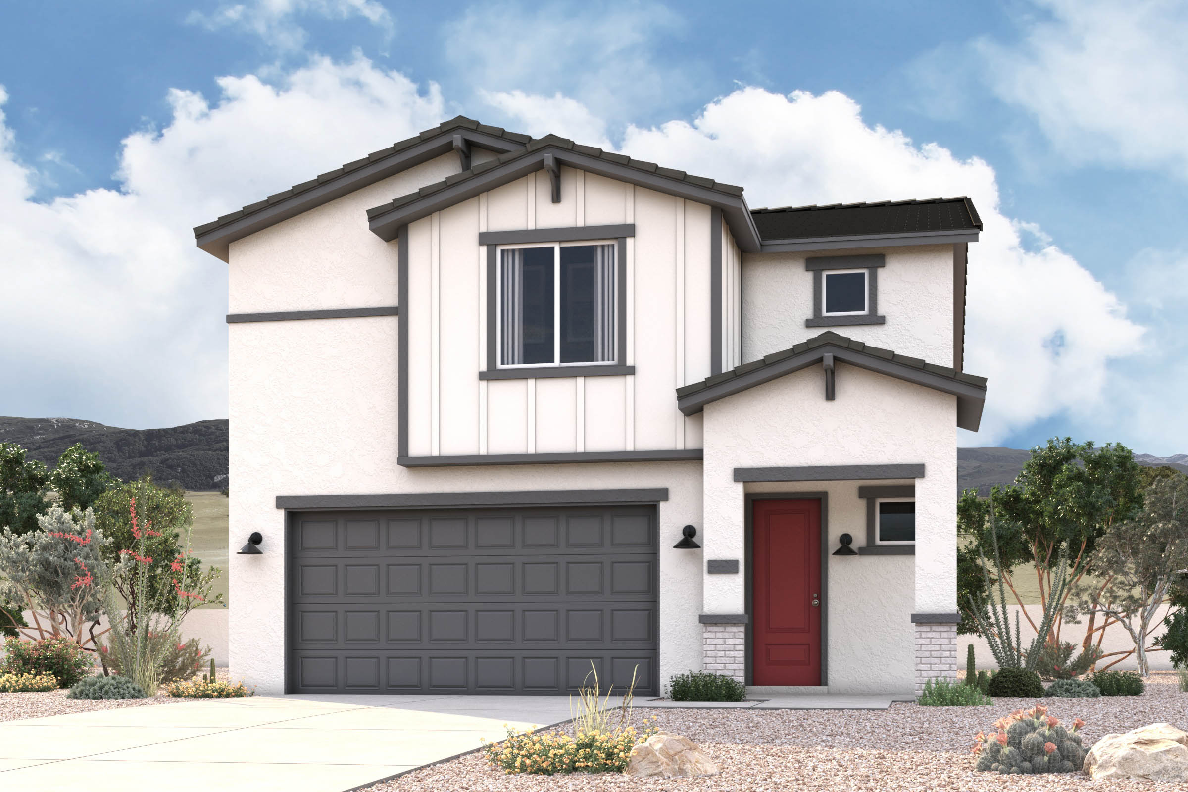 Rendering of front of new home for sale in San Tan Valley, AZ at Skyline Village the Highlands Collection by Century Communities with 2 car garage.