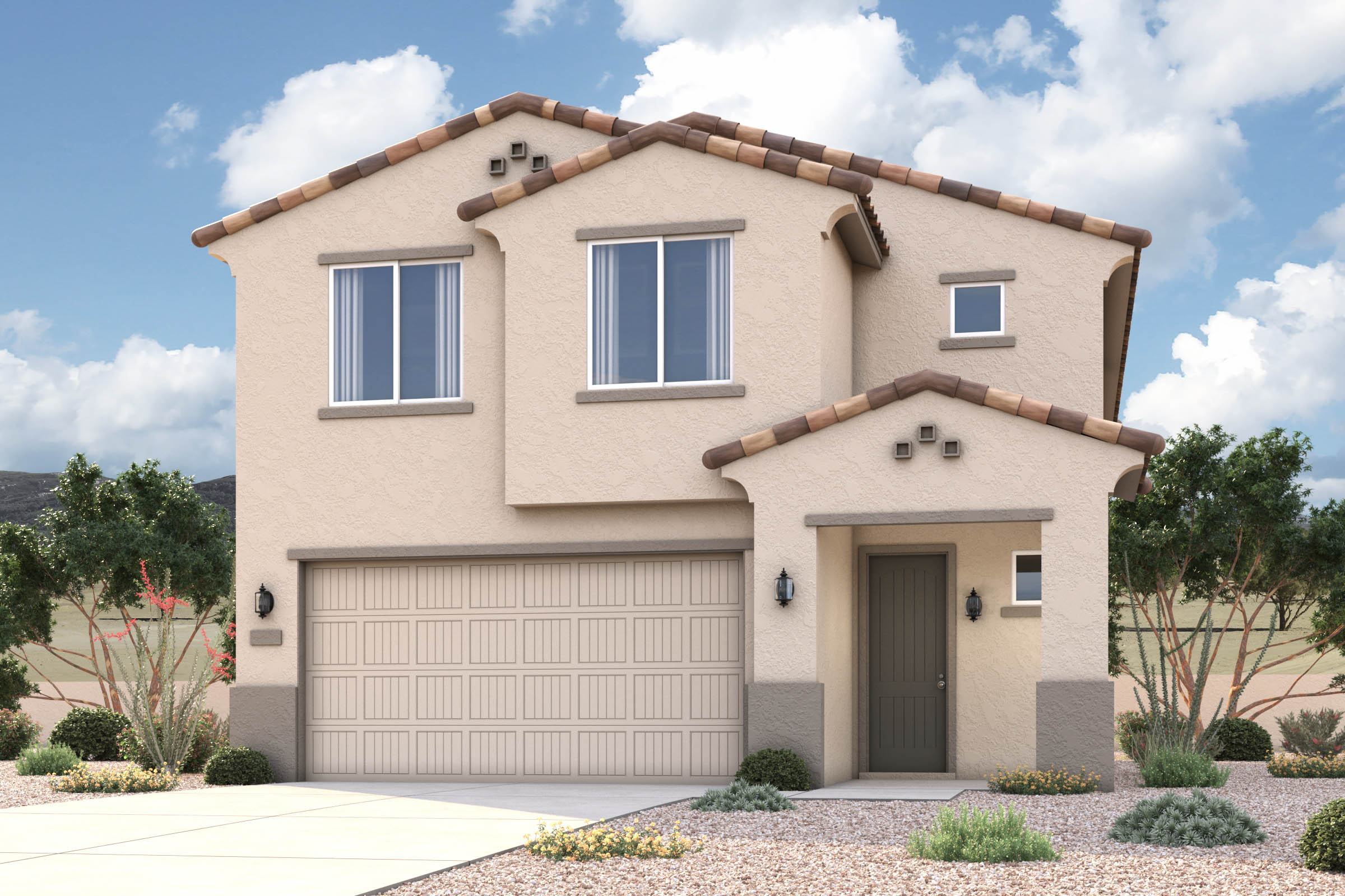 Rendering of front of new home for sale in San Tan Valley, AZ at Skyline Village the Highlands Collection by Century Communities with 2 car garage.