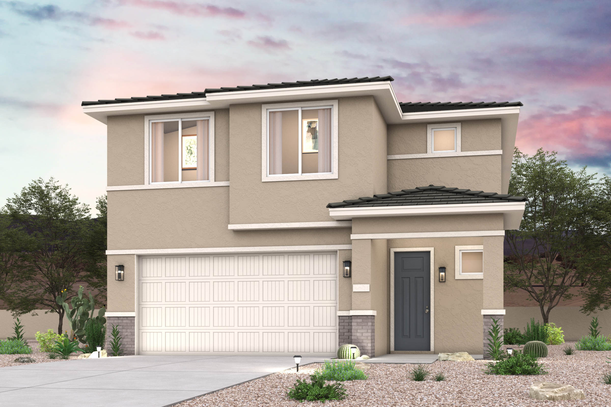 Twilight rendering of front of new home for sale in San Tan Valley, AZ at Skyline Village the Highlands Collection by Century Communities with 2 car garage.