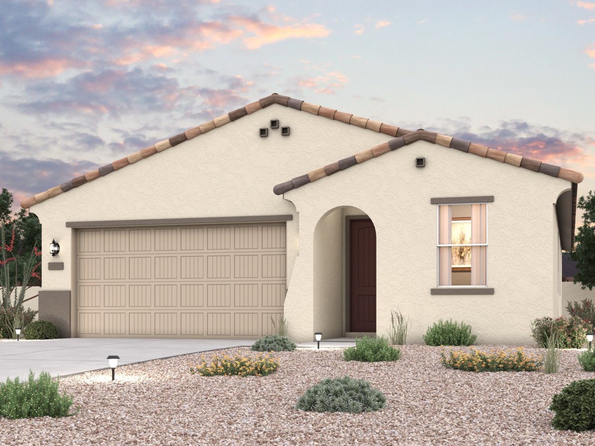 Twilight rendering of front of new home for sale in San Tan, AZ with 2 car garage in the beautiful Skyline Village community with pool.